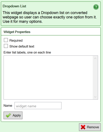 Screenshot of the settings for the Dropdown widget