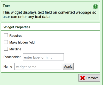 Screenshot of the settings for the Text widget
