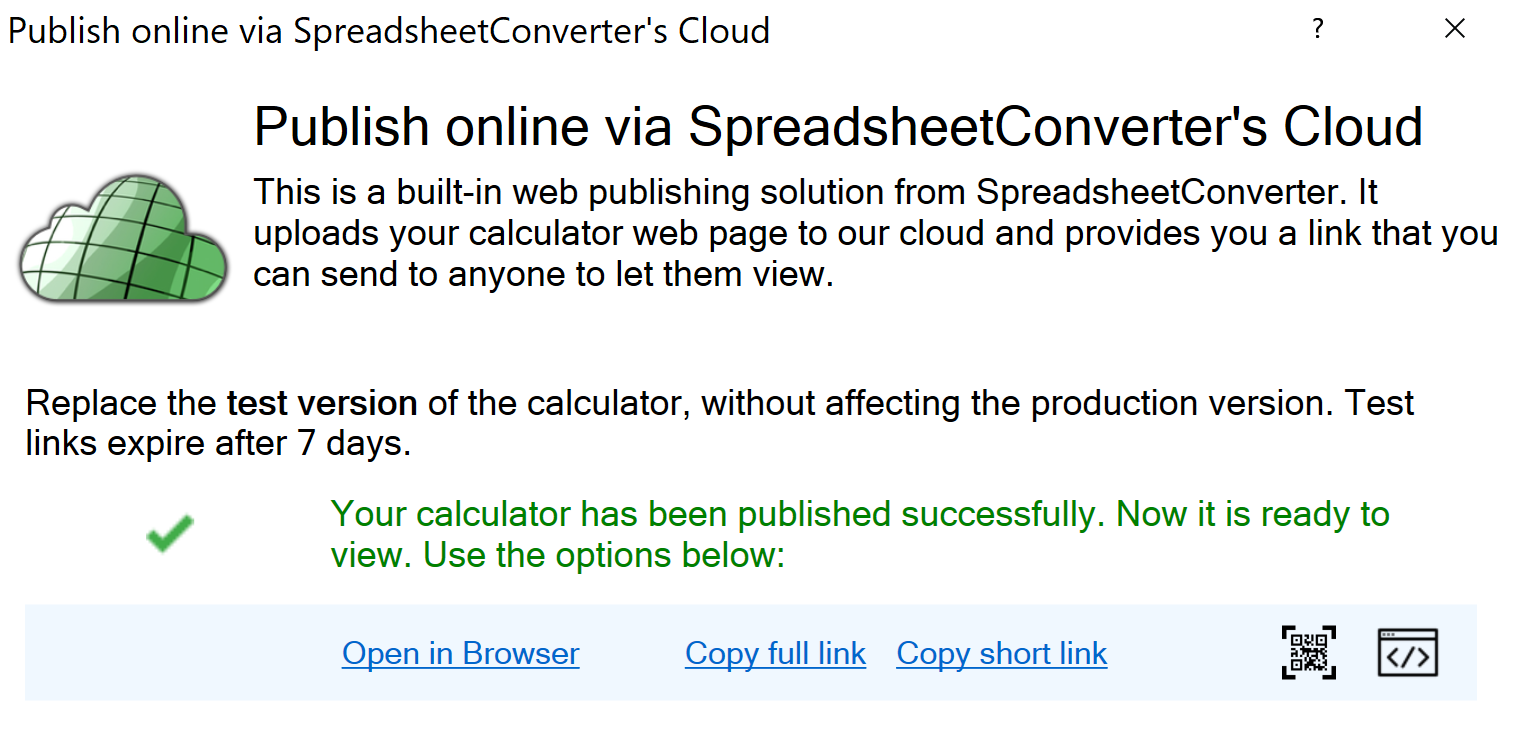 Screenshot of the Publish window after upload