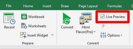 Screenshot of the Live Preview settings in the version 10 ribbon