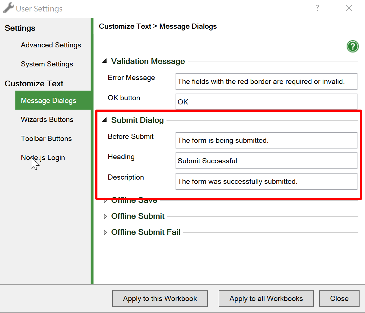 Screenshot of the confirmation messages in the User Settings
