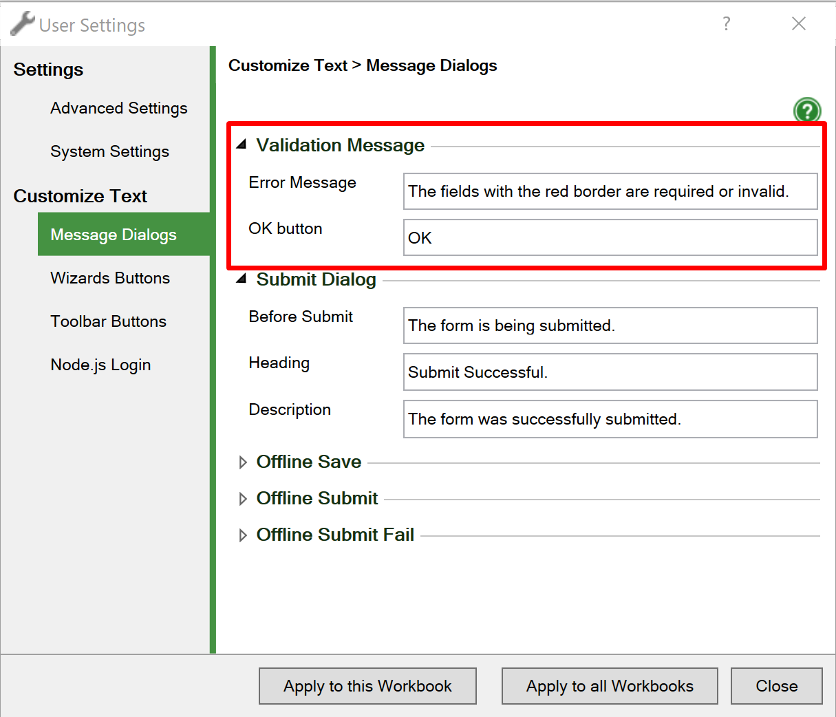 Screenshot of the validation messages in the User Settings