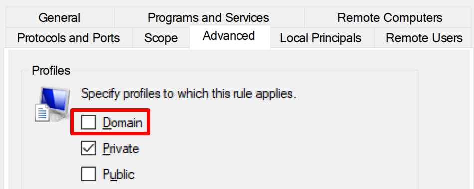 Screenshot of the DOmain checkbox on the Advanced tab in the Windows firewall settings