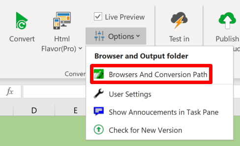 Screenshot of the Options menu in the Convert section of the ribbon