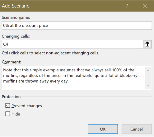 Screenshot of a Scenario set up for 0% muffins sold at the discount price