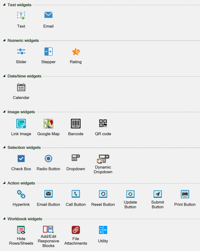 Screenshot of the Widgets tab of the task pane in version 10